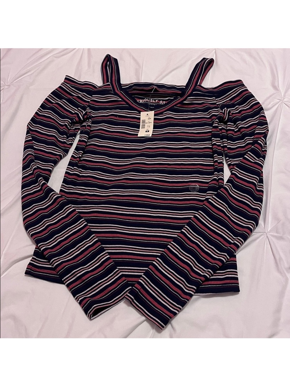 Ribbed Cold-Shoulder Striped Top - Navy & Pink